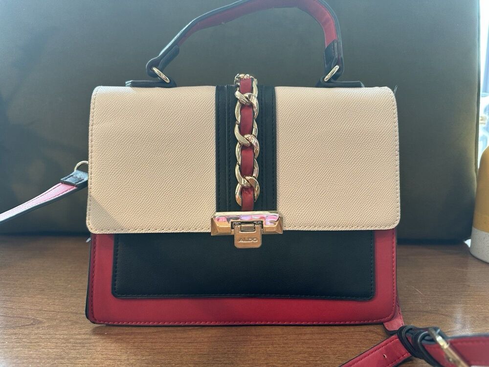 ALDO Colorblock Satchel Crossbody Bag Red Black Ivory Gold Hardware Purse